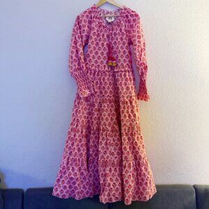 Figue Pink Floral Boho Maxi Tassel Long Sleeve Maxi Dress Statement Size Small